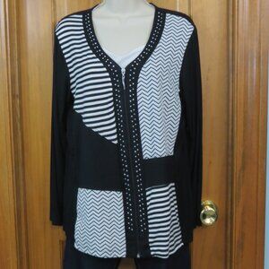 Cactus Women's Black & White Soft Knit Zip Cardigan Stripes Rhinestones Size S